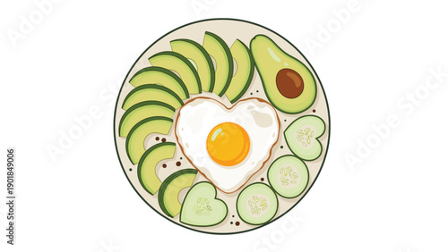 Nutritious healthy breakfast plate with a heart shaped fried egg, fresh avocado slices, and cucumber heart shapes.