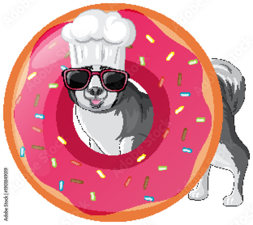 Cartoon Husky Dog Wearing Chef Hat and Sunglasses Inside Pink Donut