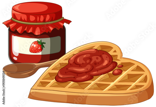 Heart Shaped Waffle with Strawberry Jam Jar and Wooden Spoon