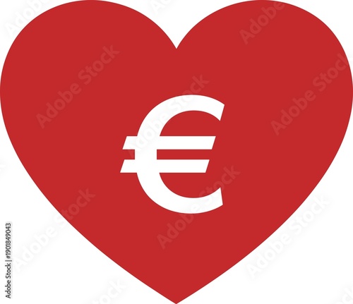 Red heart shape with euro sign symbol for love for european money currency banking and financial themes vector graphic