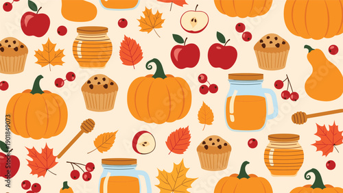 Warm autumn seamless pattern featuring pumpkins, apples, muffins, honey jars, and fall leaves on a cream background.