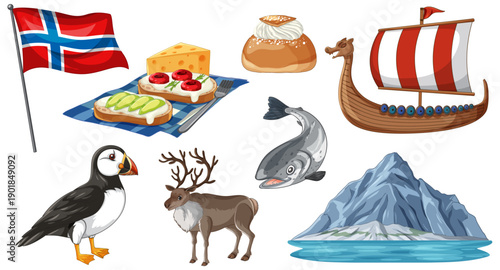Collection of Norwegian Cultural Symbols and Traditional Food Vector Illustrations