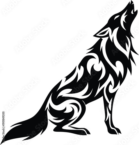 Powerful tribal black wolf sitting and howling strongly against a pristine white background