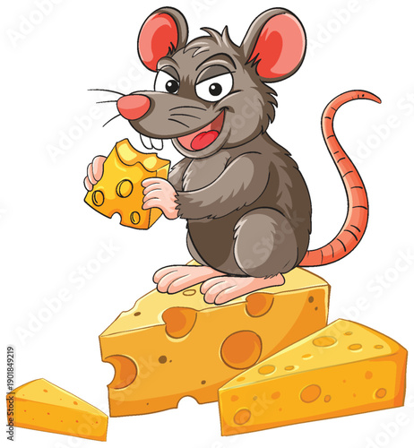 Cartoon Mouse Sitting on Large Cheese Slices and Eating a Piece
