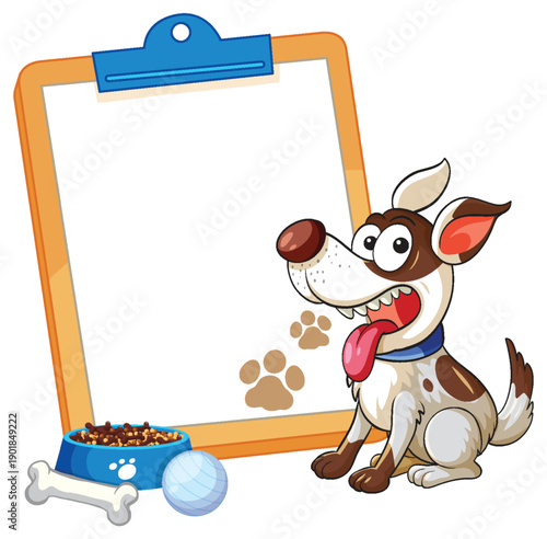Cartoon Dog Sitting Next to a Blank Clipboard with Pet Accessories