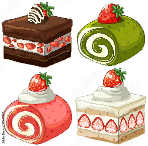 Assorted Strawberry Cakes and Swiss Rolls Vector Illustration Set