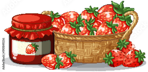 Fresh Red Strawberries in Wicker Basket with Homemade Fruit Jam Jar