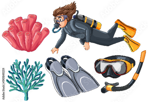 Scuba Diver and Underwater Equipment Vector Illustration Set on White Background