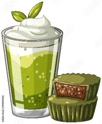 Matcha Green Tea Latte with Whipped Cream and Chocolate Filled Tarts