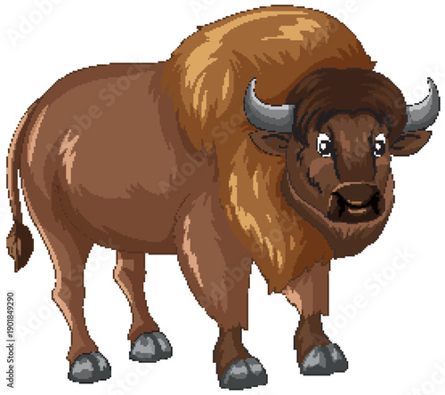 Cartoon American Bison Vector Illustration Standing on White Background
