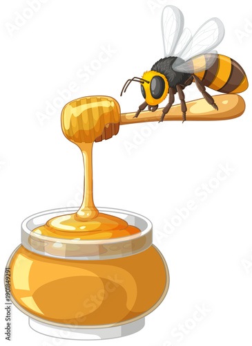 Honey Bee Perched on a Wooden Dipper Over a Glass Jar