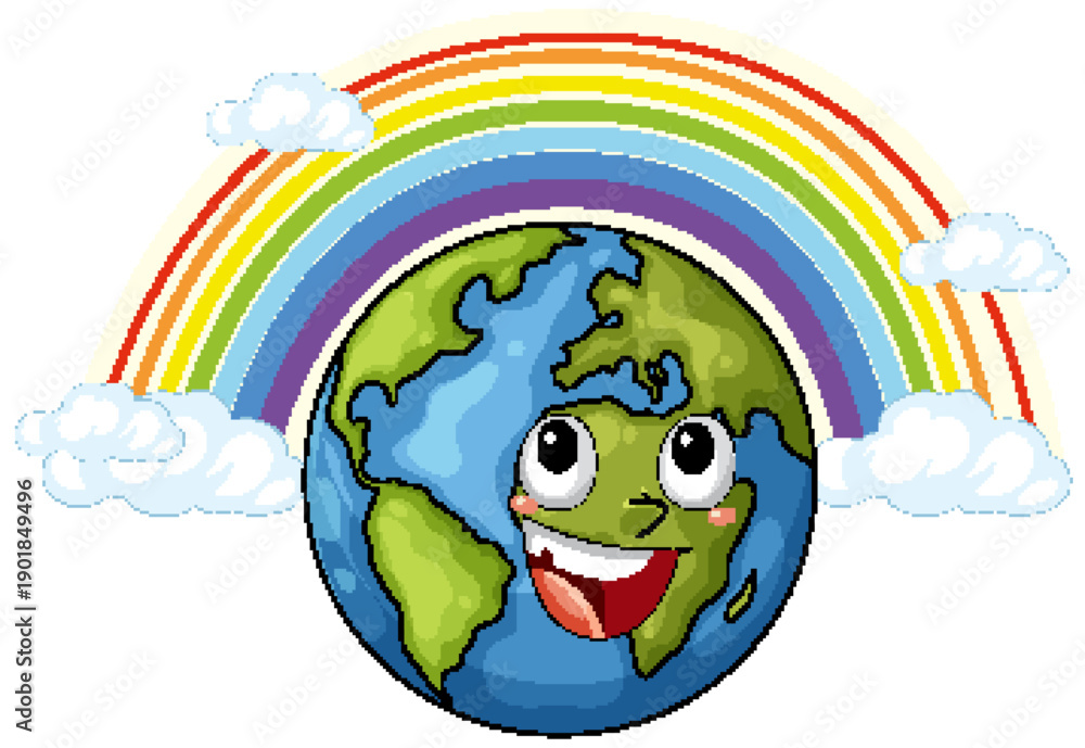 Fototapeta premium Smiling Cartoon Earth Under Colorful Rainbow Arc