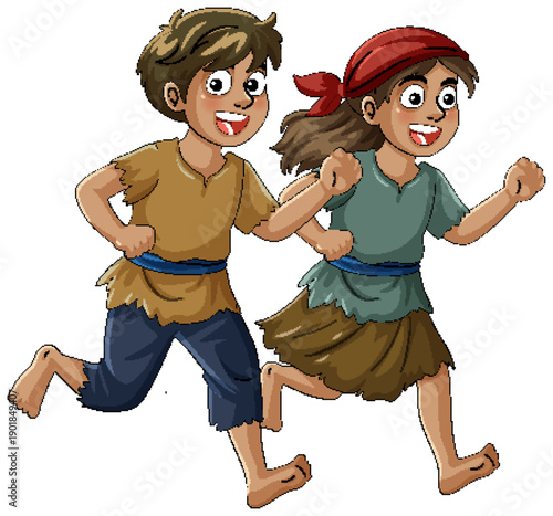 Two Happy Children Running in Ragged Clothes