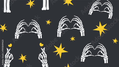 Spooky yet romantic seamless pattern of skeleton hands forming heart shapes surrounded by golden stars on a dark charcoal background.