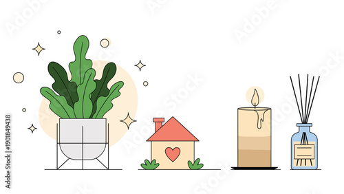 Cozy home decoration set including a potted leafy plant, a small house with a heart, a burning candle, and an aromatic reed diffuser.