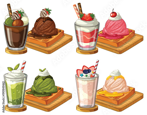 Assorted Dessert Sets with Milkshakes and Ice Cream Waffles