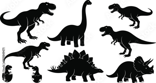 Collection of black dinosaur silhouettes with T-Rex Stegosaurus and Triceratops icons, prehistoric animal set, cad drawing flat vector illustration background.