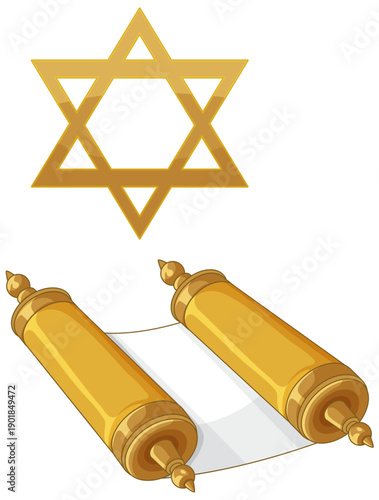 Golden Star of David and Torah Scroll Vector Illustration