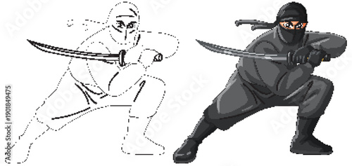 Ninja Warrior Crouching with Katana Sword in Outline and Color