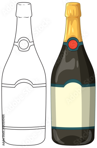 Champagne Bottle Vector Illustration in Color and Line Art Style