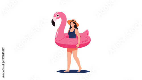 Cheerful woman walking while wearing a large pink inflatable flamingo floatie around her waist ready for summer pool party fun.