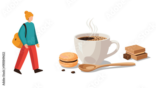 Young man with a backpack walking past a giant coffee cup, a macaron, and some chocolate treats on a clean white background.
