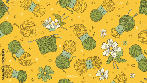 Charming seamless pattern of yarn balls, knitting needles, and flowers on a bright yellow background perfect for needlework enthusiasts.