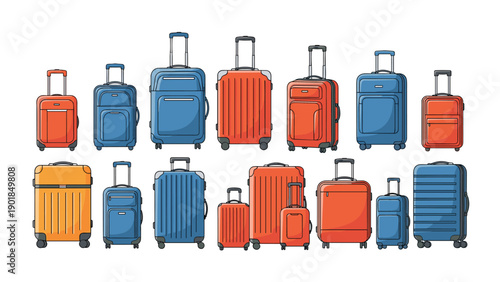 Colorful collection of travel suitcases and luggage bags in various sizes and shapes shown in orange and blue vector style.