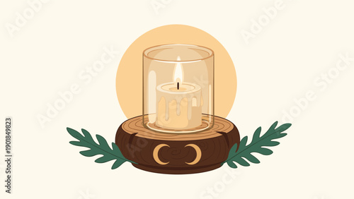 Burning white candle protected by a glass cover resting on a circular wooden base decorated with green leaves and crescent moons.