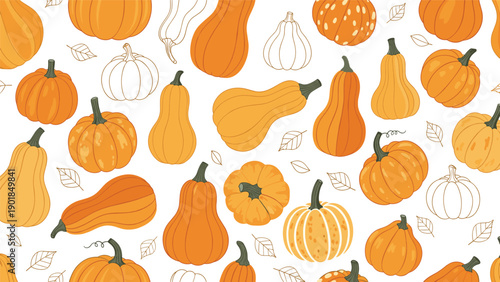 Cheerful seamless pattern containing various types of orange and white pumpkins with autumn leaves on a bright white background.