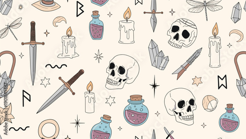 Mystical seamless pattern background with skulls, potion bottles, candles, and magic crystals in a hand drawn illustrative style.