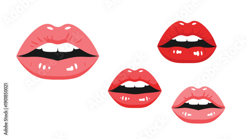 Set of four stylized human lips in different shades of red and pink showing various shapes for beauty and fashion design projects.