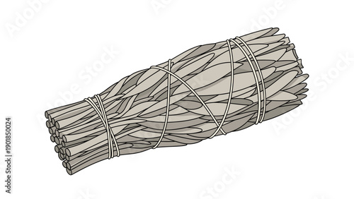 Detailed illustration of a bundle of dried sage sticks tied with string used for smudging, cleansing, and spiritual rituals at home.
