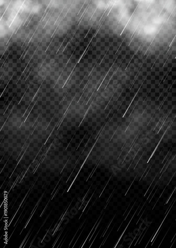 Realistic rain and clouds isolated on dark background. Vector illustration of summer or autumn atmospheric precipitation. 3d rainy weather overlay transparent effect. cloudy and rainy weather.