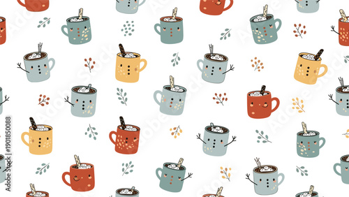 Cute seamless pattern of mugs decorated like snowmen and filled with hot chocolate and marshmallows for a cozy winter holiday theme.