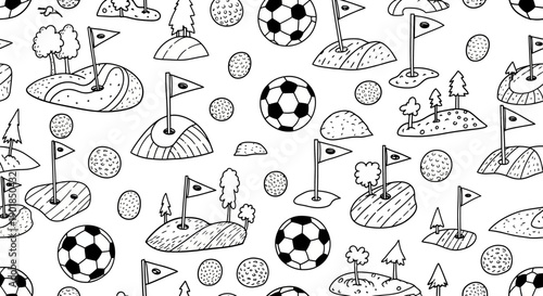 Soccer Field Illustration, Fun Sports Design, Black and White Style