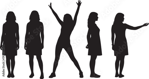 Five silhouettes of girls with different poses and gestures