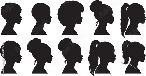 A collection of ten unique black and white silhouettes of women's hairstyles