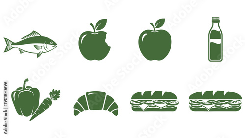 Assorted icons representing healthy food choices and drinks for a balanced diet
