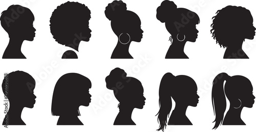 Silhouettes of diverse hairstyles showcasing various haircuts and braids