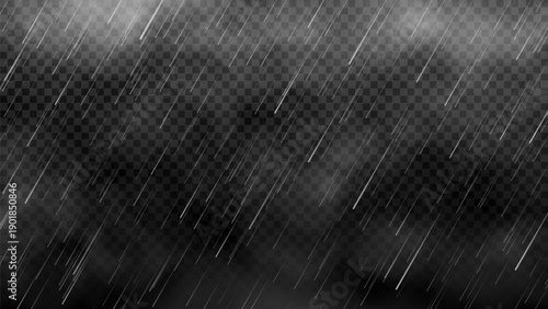 Vector rainy weather overlay effect. Pouring rain and white clouds isolated on dark background. Realistic cloudy and rainy effect. Vector illustration of summer or autumn atmospheric precipitation.