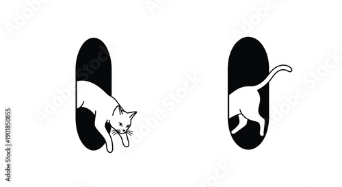 Creative black and white cat peeking through cylindrical openings illustration