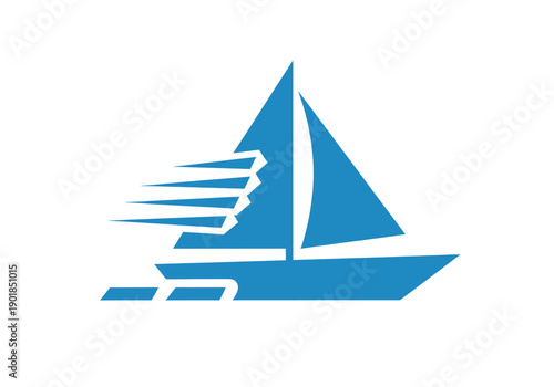 A sleek blue sailboat gliding smoothly over calm waters under a clear sky