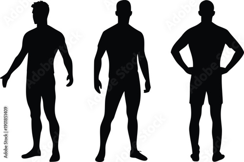 Three distinct male figures are depicted in solid black silhouette standing on a clean white background