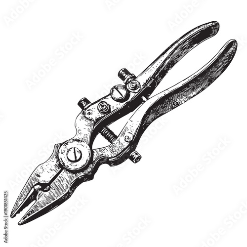 Antique steel wire stripper tool, intricately detailed engraving style, capturing vintage mechanical engineering and rustic craftsmanship, perfect for historical themes