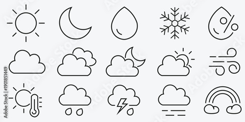 Collection of outline weather icons: sun, moon, clouds, snowflake, rain, thunder, rainbow, thermometer, wind