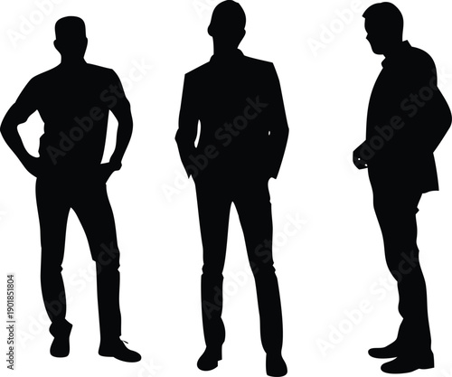 Three silhouetted men stand confidently on a white background, one in a suit, two in smart casual wear