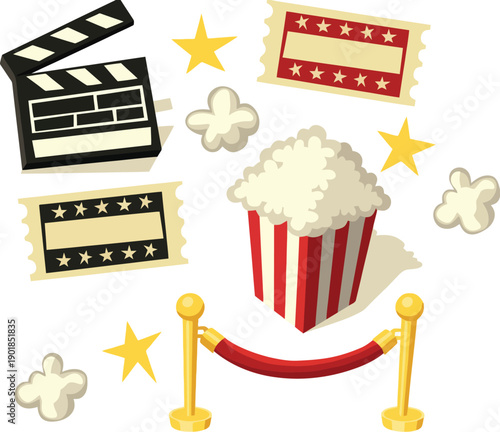 VIP movie premiere with red carpet, popcorn, tickets, and clapperboard, celebrating cinema and entertainment