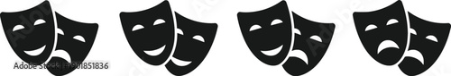Row of black theatre masks showing comedy and tragedy, representing dramatic arts and performance