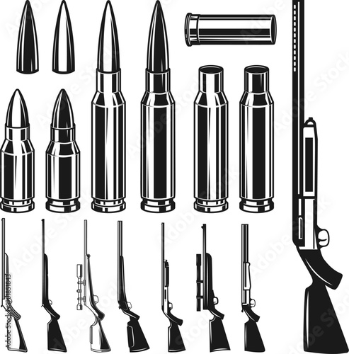 A black and white vector set featuring various rifles, shotguns, and multiple types of bullets and casings. A high-contrast technical collection for ballistics themes.